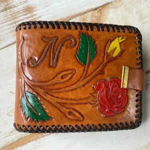 Vintage 70s tooled leather handpainted artisan wallet monogram N roses RaRe EUC